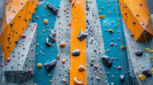 Vibrant indoor rock climbing wall with colorful holds and grips for climbing enthusiasts photo