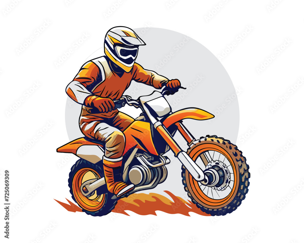 Man riding moto cross illustration for t-shirt, logo, poster, card, banner, emblem. Comic style.