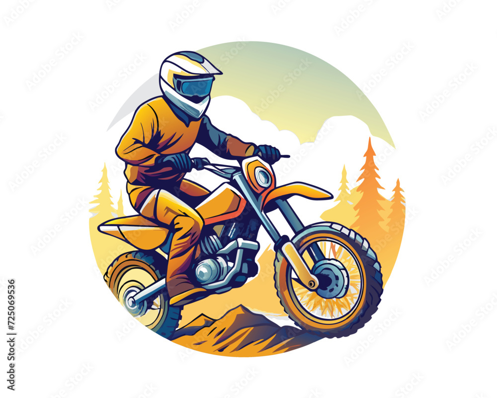Man riding moto cross illustration for t-shirt, logo, poster, card, banner, emblem. Comic style. Man riding moto cross illustration for t-shirt, logo, poster, card, banner, emblem. Comic style.