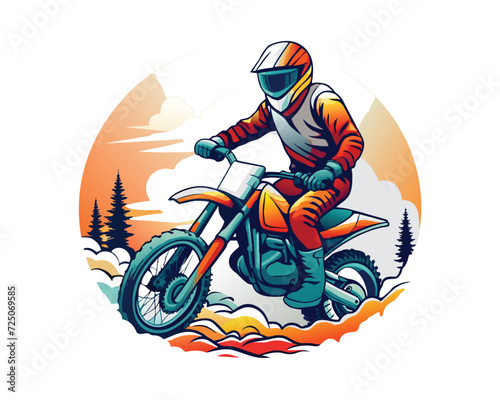 Man riding moto cross illustration for t-shirt, logo, poster, card, banner, emblem. Comic style.