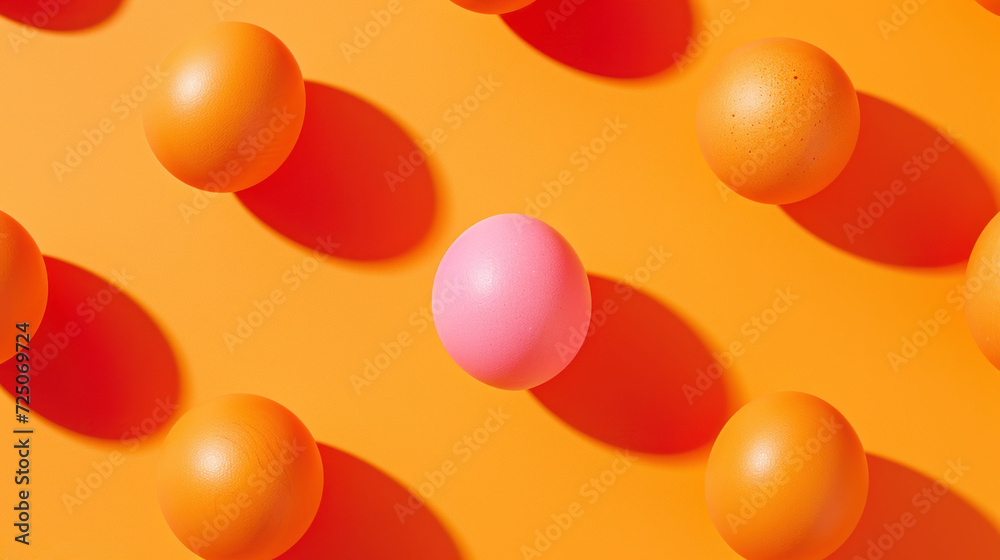  a group of eggs sitting next to each other on a yellow surface with one pink egg in the middle of the group.