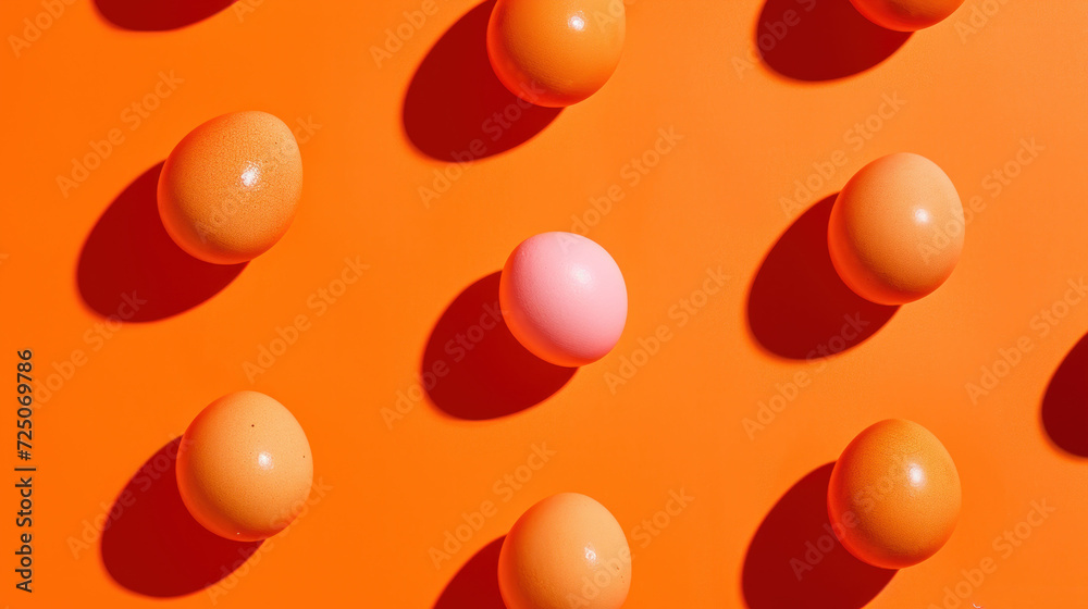  a group of eggs sitting on top of an orange surface with one pink egg in the middle of the group.
