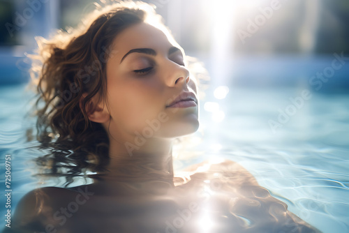 portrait of beautiful girl in swimming pool on sunny day