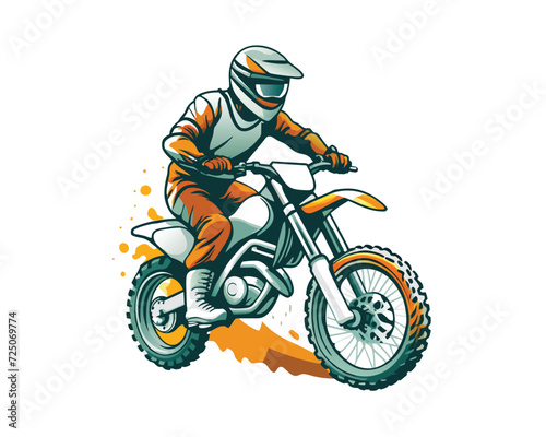 Man riding moto cross illustration for t-shirt, logo, poster, card, banner, emblem. Comic style.