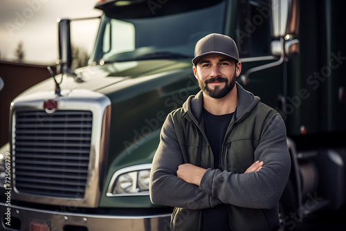 portrait of trucker with beard and cap beside truck