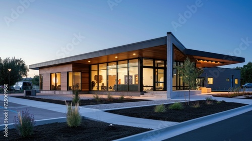 Dusk view of a modern sustainable office building with clear windows