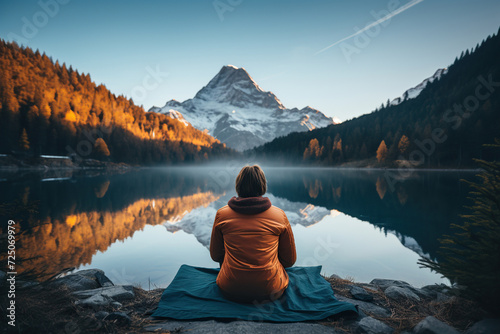 The girl sits and looks at the mountains and lake alone. Generated by artificial intelligence