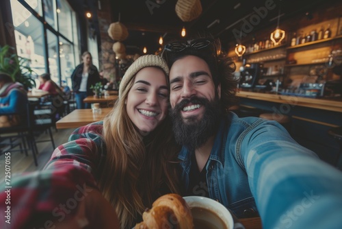 a beautiful young stylish cheerful happy caucasian couple taking a selfie in a cafe drinking coffee cappuccino and eating sweet dessert pastry croissant