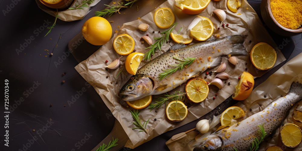 oven-roasted trout on a tray with lemon rings, seasoning, rosemary, and roasted garlic cloves oven-roasted trout on a tray with lemon rings, seasoning, rosemary, and roasted garlic cloves