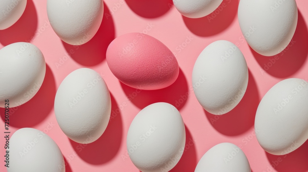 a group of white and pink eggs on a pink and pink surface with one pink egg in the middle of the group. a group of white and pink eggs on a pink and pink surface with one pink egg in the middle of the group.