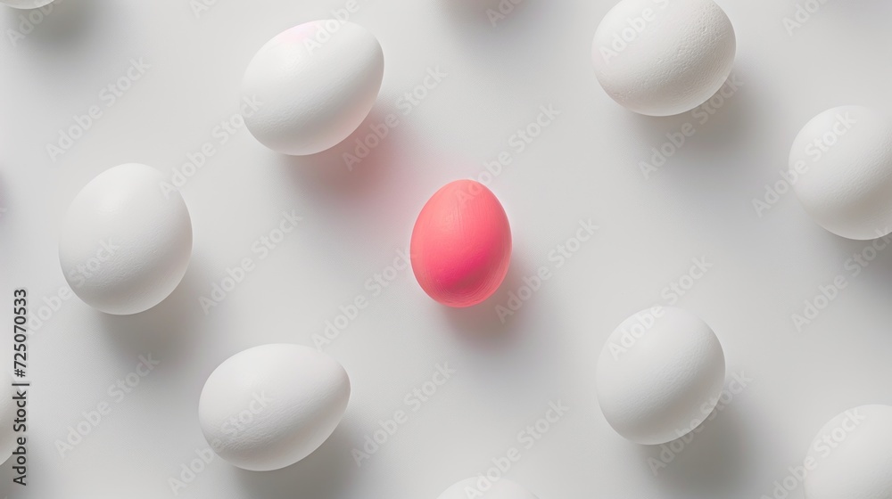 a group of white and pink eggs on a white surface with one pink egg in the middle of the group. a group of white and pink eggs on a white surface with one pink egg in the middle of the group.