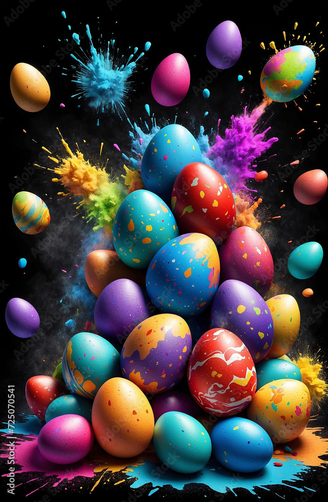bright poster with Easter eggs and an explosion of colorful powder. illustration bright poster with Easter eggs and an explosion of colorful powder. illustration