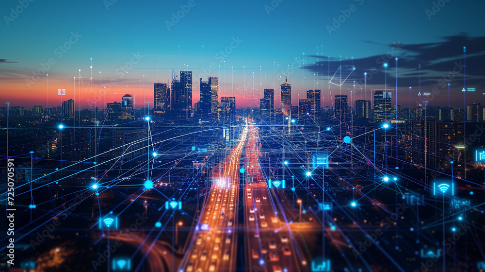 A city at twilight, illuminated by an interconnected 5G network
