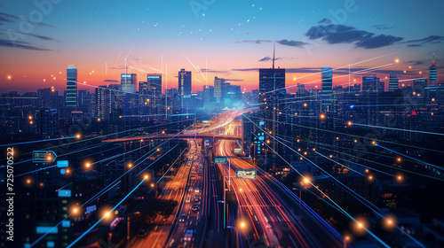 A city at twilight, illuminated by an interconnected 5G network photo