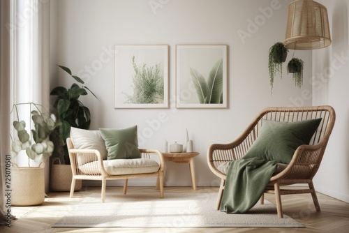 The living room of a contemporary home features a chic rattan armchair, a pillow, a cactus, a mock up poster frame, and attractive accessories. Background of light beige with copy space