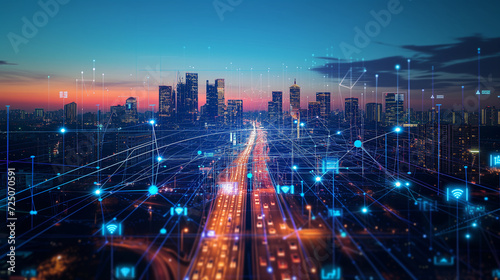 A city at twilight, illuminated by an interconnected 5G network