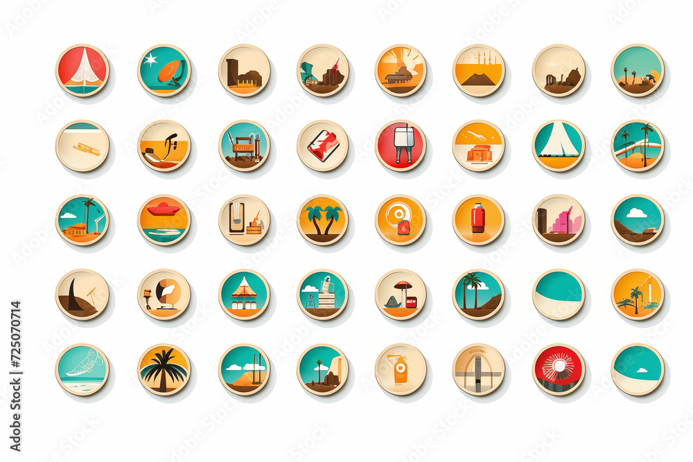 Round icons for on-line store for tourist, traveling around the world, vacation agency website Round icons for on-line store for tourist, traveling around the world, vacation agency website