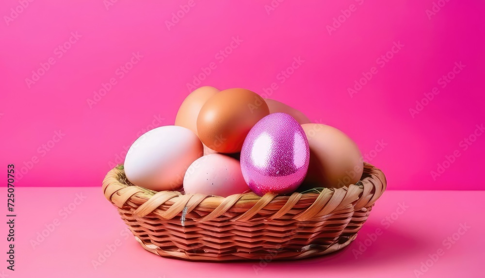Happy Easter.Colorful eggs in a wicker basket on a in a pink background cozy home atmosphere