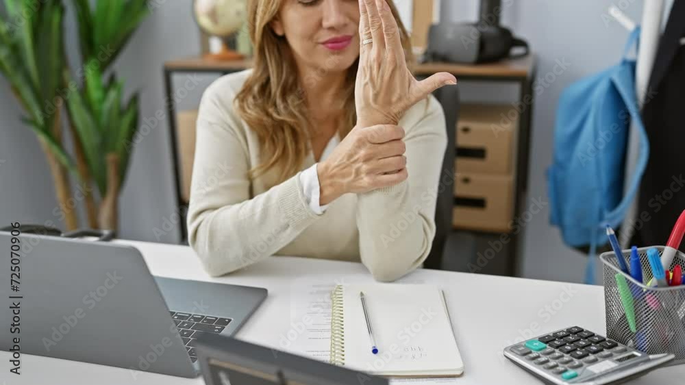 A professional woman in pain at her office desk, exhibiting symptoms of carpal tunnel syndrome. A professional woman in pain at her office desk, exhibiting symptoms of carpal tunnel syndrome.