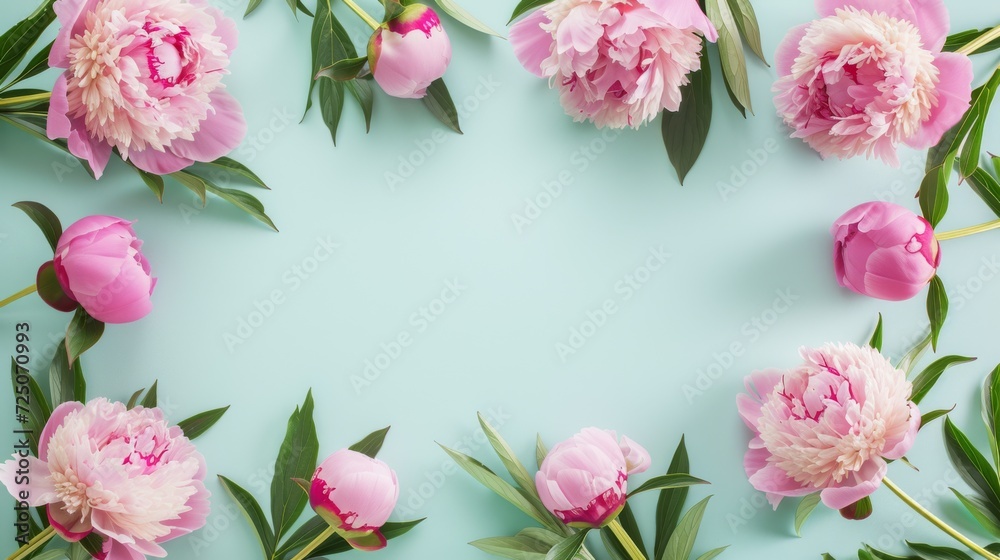 Pink peonies on a turquoise background, floral frame design, happy mother's day Pink peonies on a turquoise background, floral frame design, happy mother's day