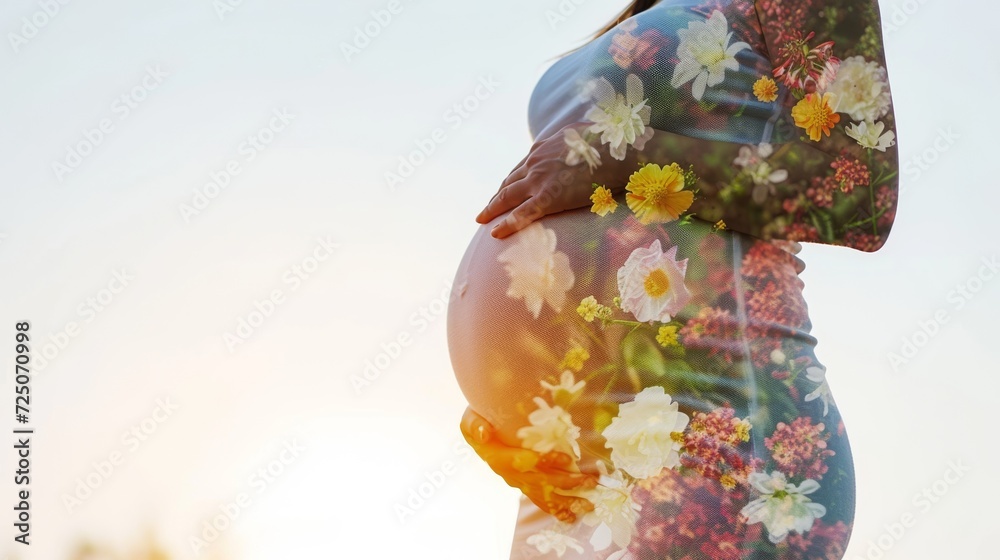 Pregnant woman with a double exposure of flowers and sunlight.