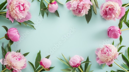 Pink peonies on a turquoise background, floral frame design, happy mother's day