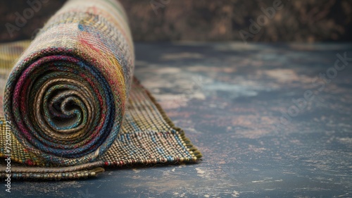Rolled up multicolored fabric on a rustic wooden surface, highlighting textures