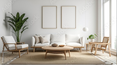 Modern living room interior with a cozy minimalist Scandinavian design. © mashimara