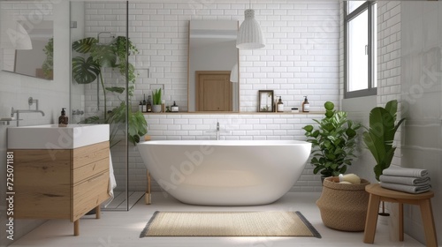 Bathroom Scandi interior with natural elements and modern design.