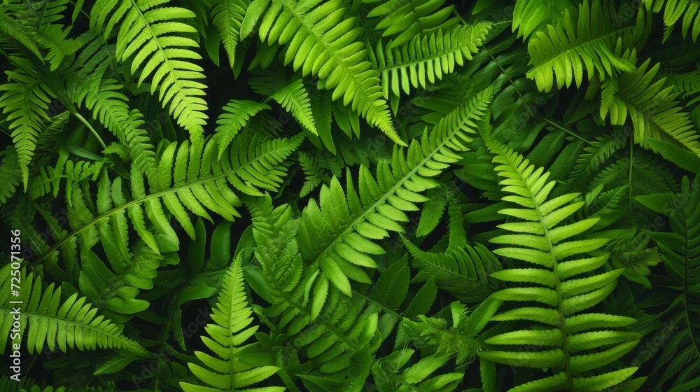 Lush ferns create a dense pattern of vibrant green fronds in a close-up botanical display.