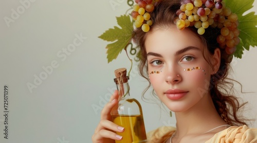 Young woman with grape elements and oil, concept beauty, space for text photo