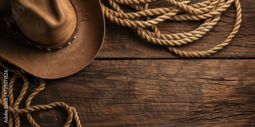 Cowboy Hat and Rope on Wooden Table photo