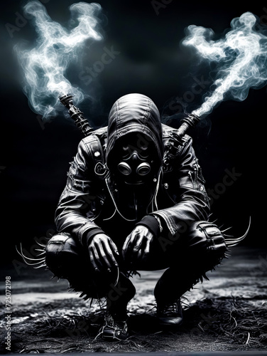Man in gas mask kneeling down with cigarette in his mouth.