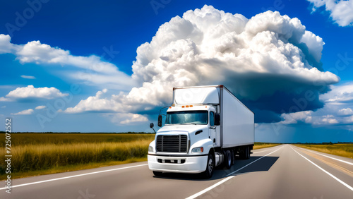 White truck driving down road under cloudy blue sky with white clouds.