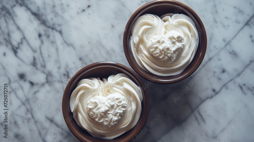 two bowls filled with whipped cream on top of a white marble counter top next to a brown bowl filled with whipped cream on top of a white marble counter top. two bowls filled with whipped cream on top of a white marble counter top next to a brown bowl filled with whipped cream on top of a white marble counter top.