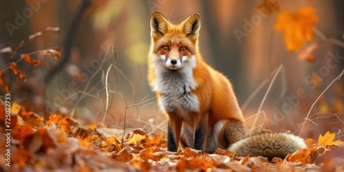 Majestic Red Fox Perched on Leaf Pile © FryArt Studio