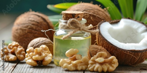 Bottle of Coconut Oil Surrounded by Nuts