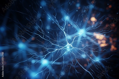 Close-up of blue neuron under microscope in laboratory, scientific research concept