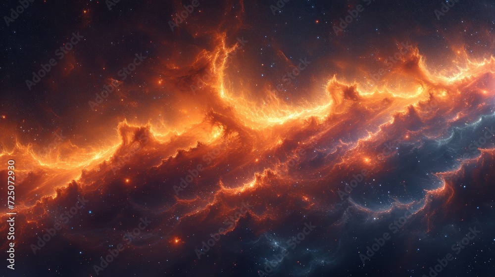  a computer generated image of a bright orange and blue space filled with stars and dust, with a black background.