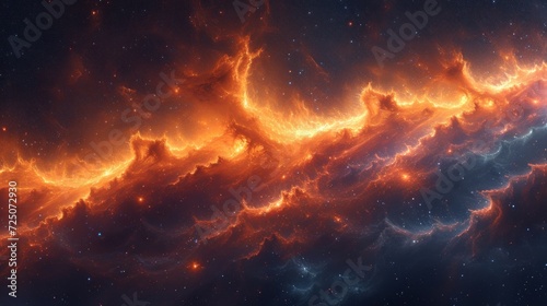  a computer generated image of a bright orange and blue space filled with stars and dust, with a black background.