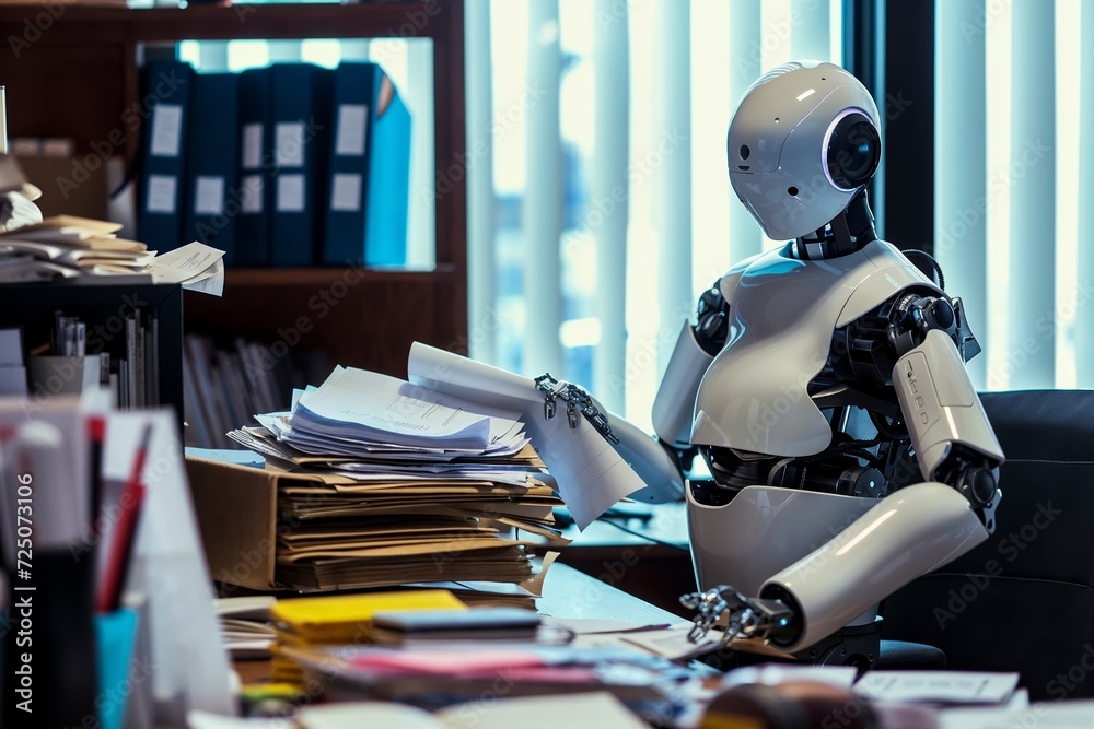 a humanoid robot organizing a home office a humanoid robot organizing a home office