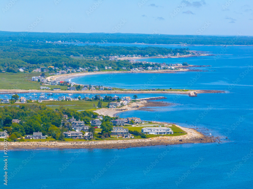 Lockes Neck and Rye Harbor aerial view in summer with Ocean Boulevard in town of Rye, New Hampshire NH, USA. 