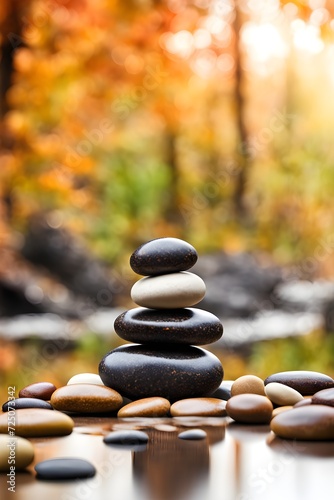stack of zen stones in an autumn forest, Fall Wellness, relaxation, meditation