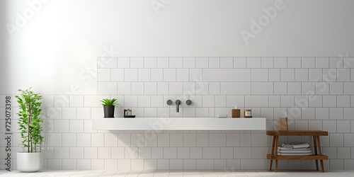 Realistic of a bathroom or kitchen with white tile walls, floors, and square mosaic surface. photo