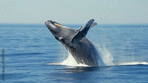 Humpback whale breaching with ocean spray, dynamic wildlife scene. 