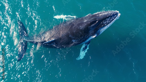Humpback whale in clear blue ocean, aerial view. © mashimara