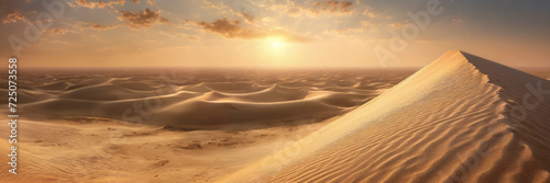 Desert panorama with sand dunes at sunset.
