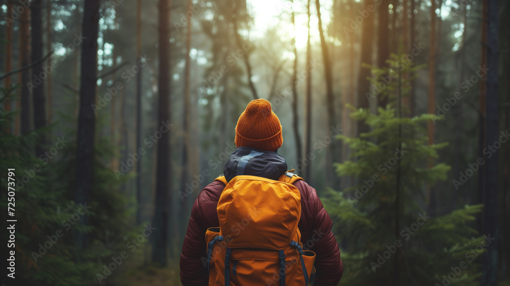 A person in a forest at sunrise, enjoying the view A person in a forest at sunrise, enjoying the view