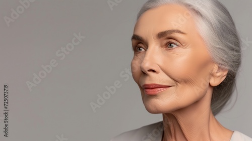 A poised elderly woman with sleek gray hair looks away thoughtfully