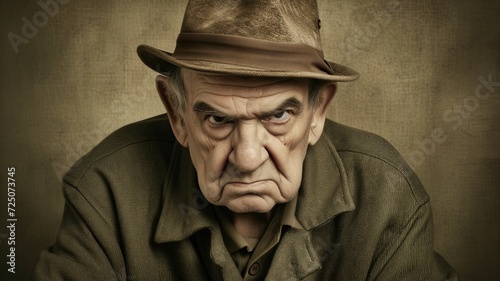 Portrait of a grumpy senior man wearing a hat with a stern expression photo